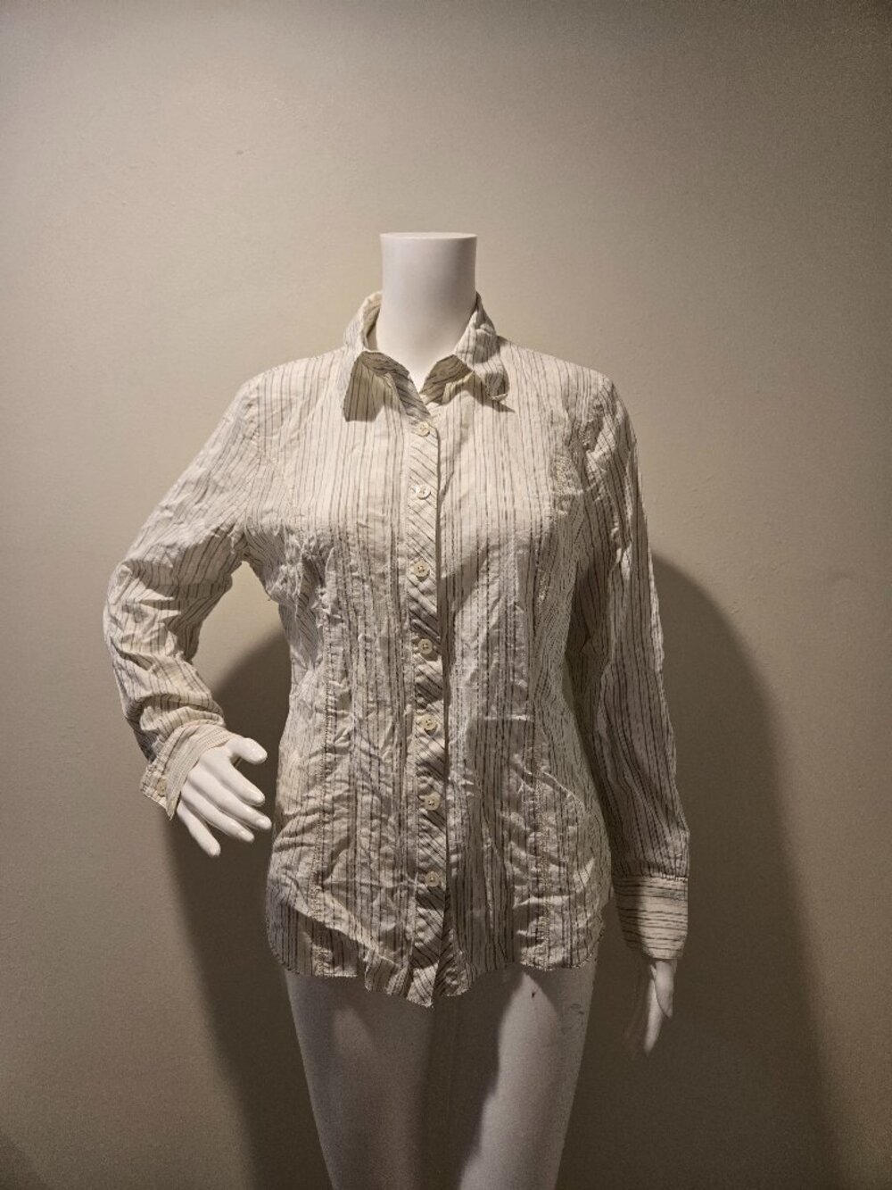 CAbi Pinstripe Button Down Shirt White Silver M